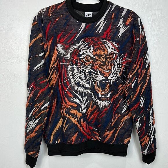 Zara Vintage Crewneck Sweater Pullover With Bold Tiger Flames Design Size M - Picture 2 of 9